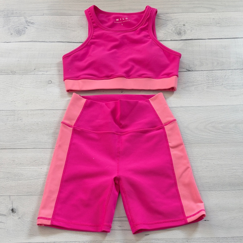Wilo Coord Workout Set Sports Bra Biker Shorts Pink Size Large/Medium Activewear